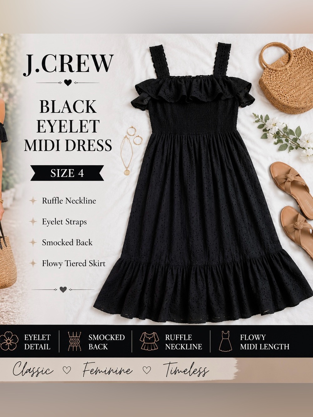 J.Crew Black Eyelet Ruffle Midi Dress Size 4 Off Shoulder Smocked Back Cotton